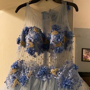 Baby blue and gold ruffle prom dress